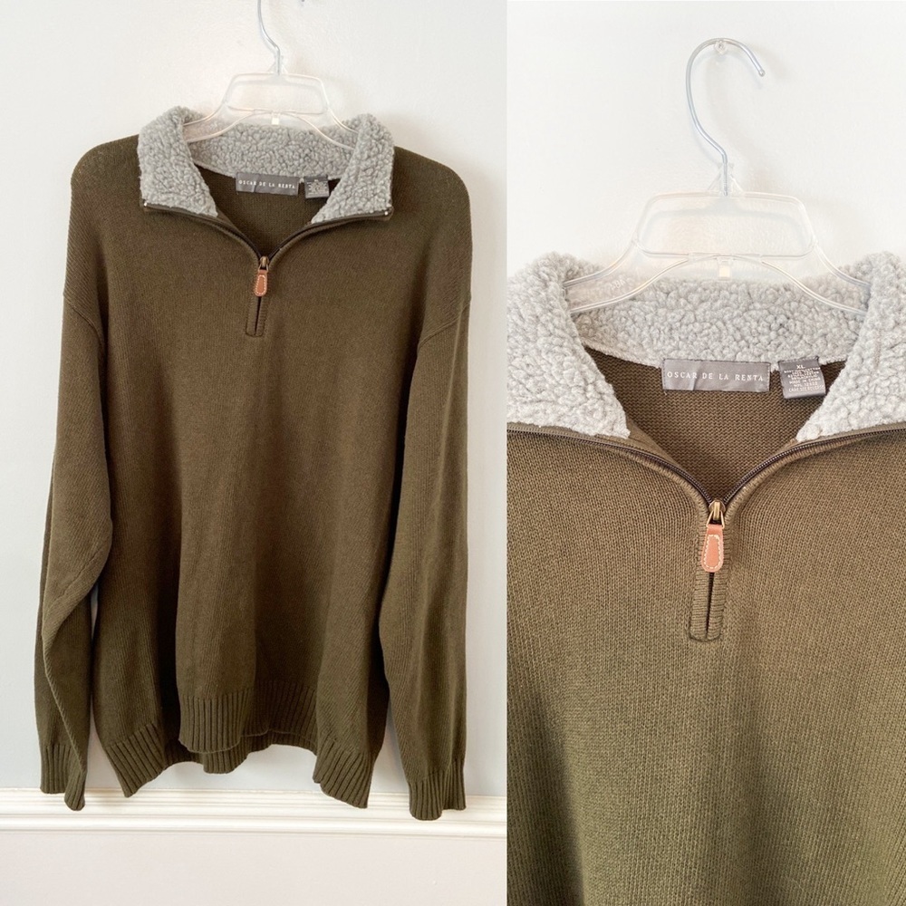 Oscar De La Renta Men's 3/4 Zip Green Knit Sweater Sherpa Collar Size XL